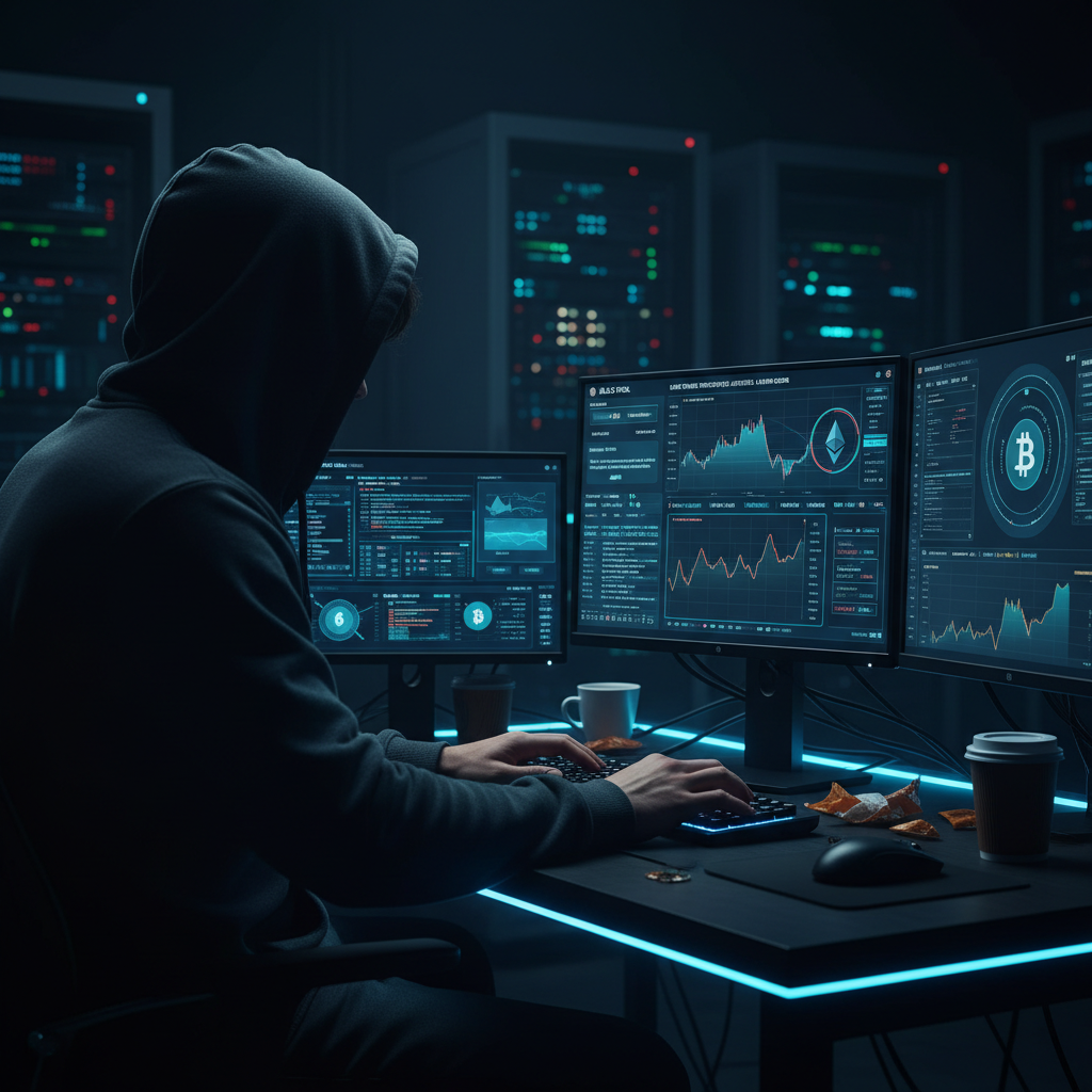 A hooded person sits in a dark server room typing on a glowing keyboard in front of multiple monitors displaying charts and data.